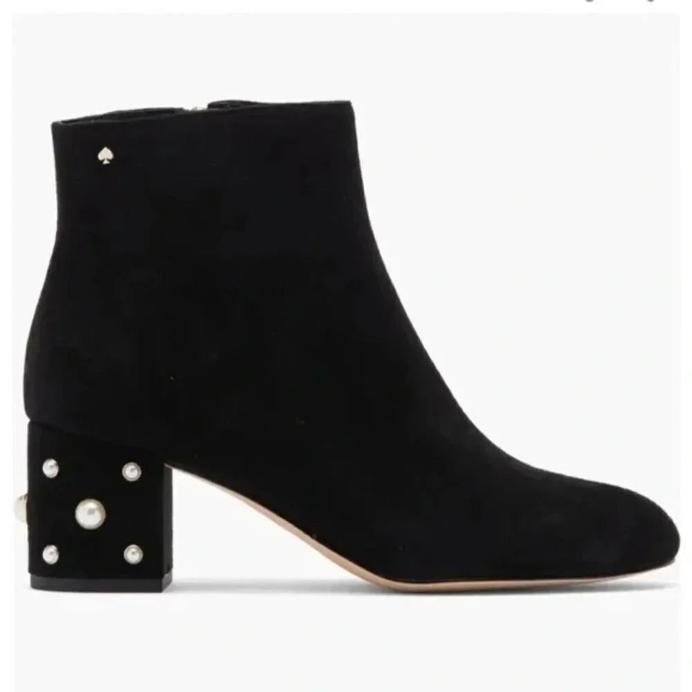 Kate Spade Womens Black Suede Taraji Faux Pearl Block Heel Bootie Size 10